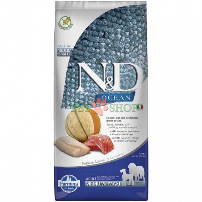 <p><strong>Farmina ND Ocean Dog Adult Medium, Maxi&nbsp;Salmon, Cod, Cantalupe Melon - </strong>лосось, треска и мускусная дыня. Полнорационный сухой корм для взрослых собак средних и крупных пород.</p>
