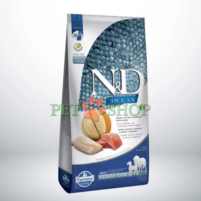 <p><strong>Farmina ND Ocean Dog Adult Medium, Maxi&nbsp;Salmon, Cod, Cantalupe Melon - </strong>лосось, треска и мускусная дыня. Полнорационный сухой корм для взрослых собак средних и крупных пород.</p>