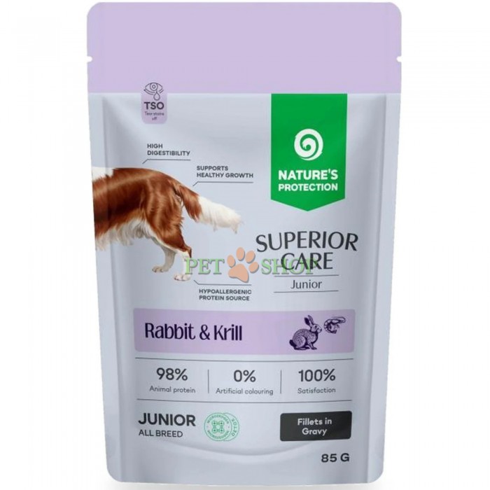 <p><strong>Nature's Protection Superior Care Grain Free Junior&nbsp;with Rabbit and Krill -&nbsp;</strong>полноценный беззерновой влажный корм в виде филе в соусе с кроликом и крилем для щенков и юниоров всех пород. Сбалансированная формула имеет высокое содержание качественного животного белка и дополнена специальными активными компонентами и необходимыми питательными веществами для комплексного поддержания здорового роста и развития.</p>