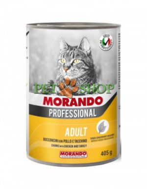 <p><strong>Morando Bocconcini Con Pollo E Tacchino </strong>4<strong>05 gr bucăți pui și curcan în jeleu pentru pisici</strong></p>