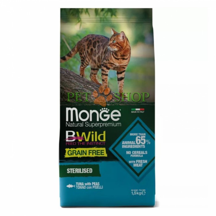 <p><strong>Беззерновой сухой корм Monge BWild для стерилизованных кошек с тунцом и горохом BWild Grain Free Cat Sterilised Tuna & peas 1,5 кг</strong></p>