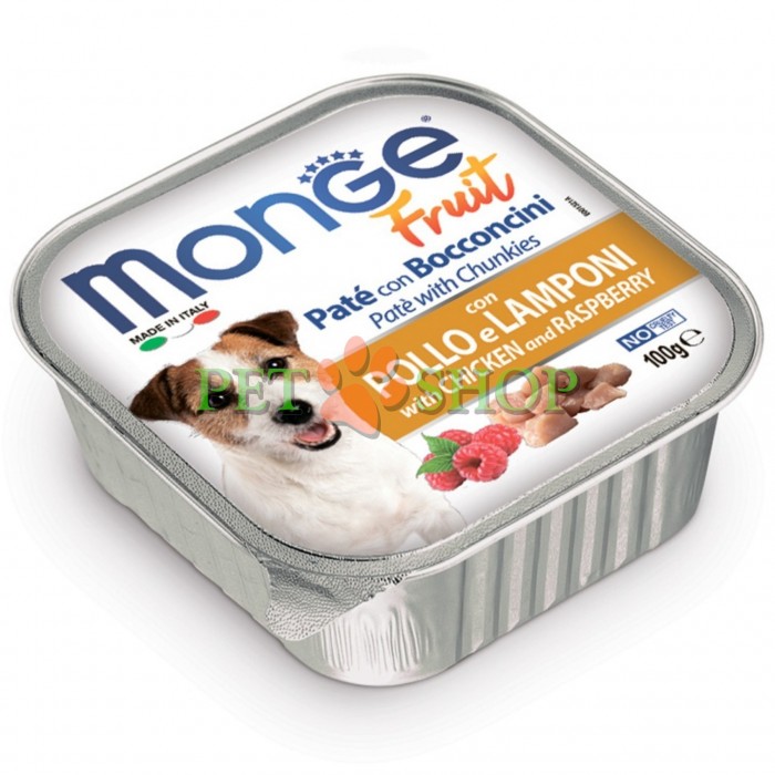 <p><strong>Monge Dog Fruit Pate and Chunkies&nbsp;with Chicken and Raspberry -&nbsp;</strong>полнорационный влажный корм для взрослых собак с кусочками свежей курицы и малиной.</p>