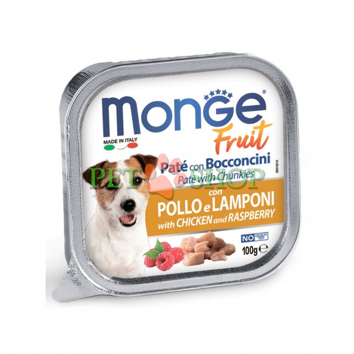 <p><strong>Monge Dog Fruit Pate and Chunkies&nbsp;with Chicken and Raspberry -&nbsp;</strong>полнорационный влажный корм для взрослых собак с кусочками свежей курицы и малиной.</p>