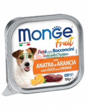 <p><strong>Monge Dog Fruit Pate and Chunkies Duck, Orange</strong> - полнорационный беззерновой влажный корм в виде паштета с кусочками свежего мяса утки и апельсина для взрослых собак.</p>