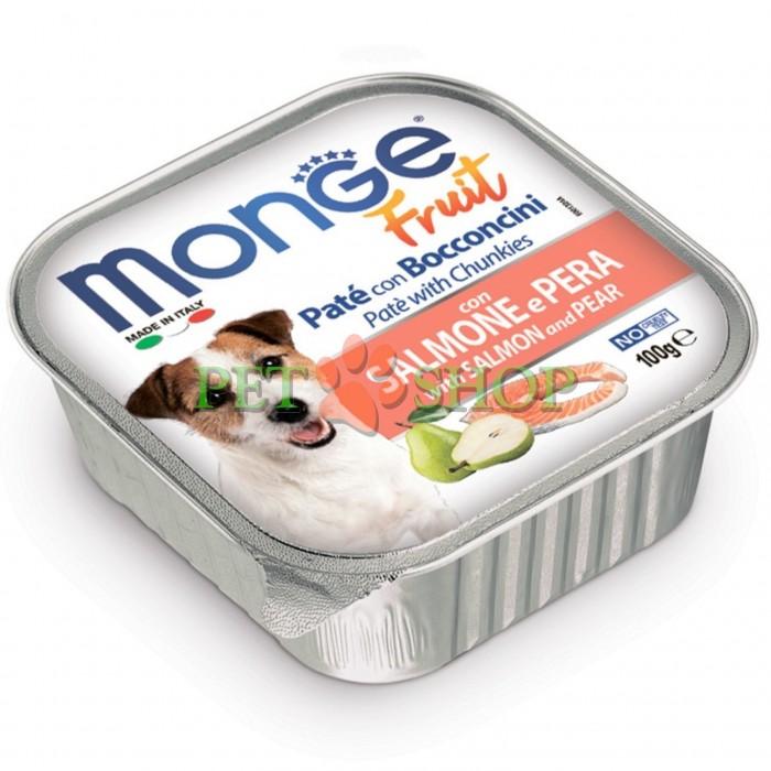 <p><strong>Monge Dog Fruit Pate and Chunkies with Salmon, Pear</strong> &ndash; delicios pate cu bucăți de somon proaspăt și fructe. Este o <strong>hrană completă și ușor digerabilă</strong>, formulată pentru a susține zilnic sănătatea și starea de bine a c&acirc;inilor adulți. Pateul fin și gustos, cu bucăți de carne, este ideal pentru c&acirc;inii de talie mică și poate fi oferit și ca recompensă c&acirc;inilor de talie mare.</p>