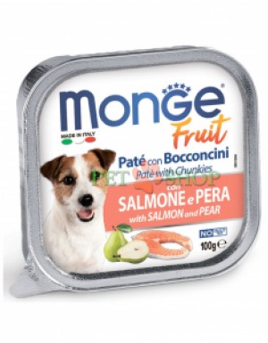 <p><strong>Monge Dog Fruit Pate and Chunkies with Salmon, Pear</strong> &ndash; delicios pate cu bucăți de somon proaspăt și fructe. Este o <strong>hrană completă și ușor digerabilă</strong>, formulată pentru a susține zilnic sănătatea și starea de bine a c&acirc;inilor adulți. Pateul fin și gustos, cu bucăți de carne, este ideal pentru c&acirc;inii de talie mică și poate fi oferit și ca recompensă c&acirc;inilor de talie mare.</p>