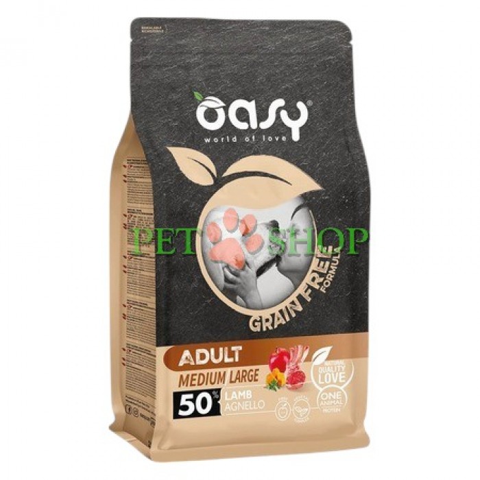 <p>Oasy Grain Free Adult Lamb Medium/Large &mdash; hrană uscată fără cereale cu miel pentru c&acirc;ini adulți de talie medie și mare.</p>