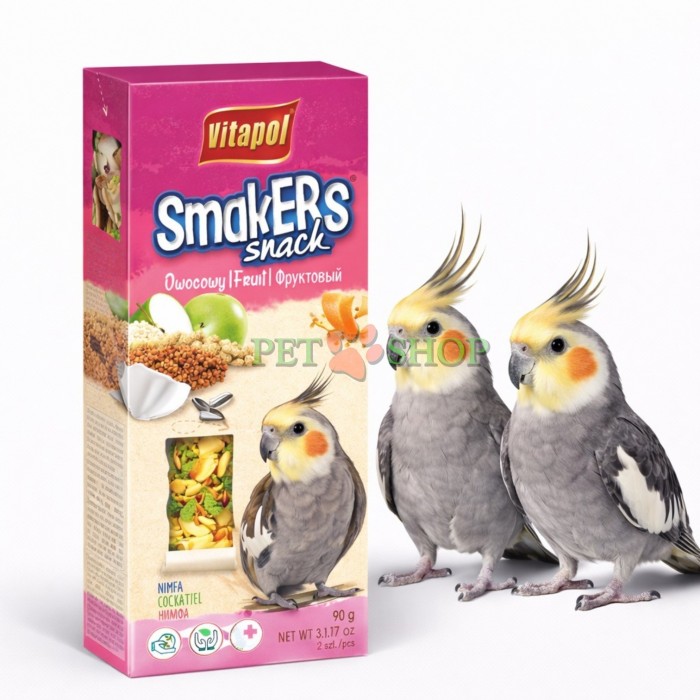 <p><strong>Vitapol Smakers -&nbsp;</strong>лакомства для нимф, которое покрыто разными зерновыми, злаковыми и фруктами.</p>