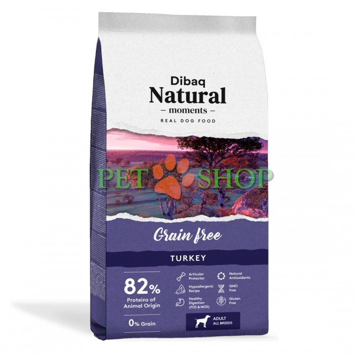 <p>Dibaq Natural Moments Grain Free Adult Turkey &ndash; hrană uscată fără cereale pentru c&acirc;ini adulți de toate rasele, cu carne de curcan.</p>