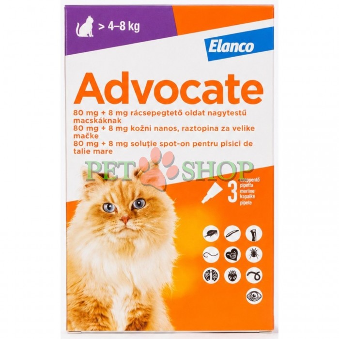 <p><strong>Elanco\Bayer Advocate для кошек от 4 кг до 8&nbsp;кг от блох, клещей и др., а также глистов,&nbsp;1 пипетка*0,8&nbsp;мл</strong></p>