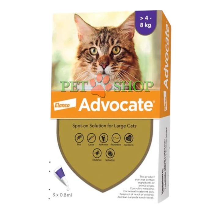<p><strong>Elanco\Bayer Advocate для кошек от 4 кг до 8&nbsp;кг от блох, клещей и др., а также глистов,&nbsp;1 пипетка*0,8&nbsp;мл</strong></p>