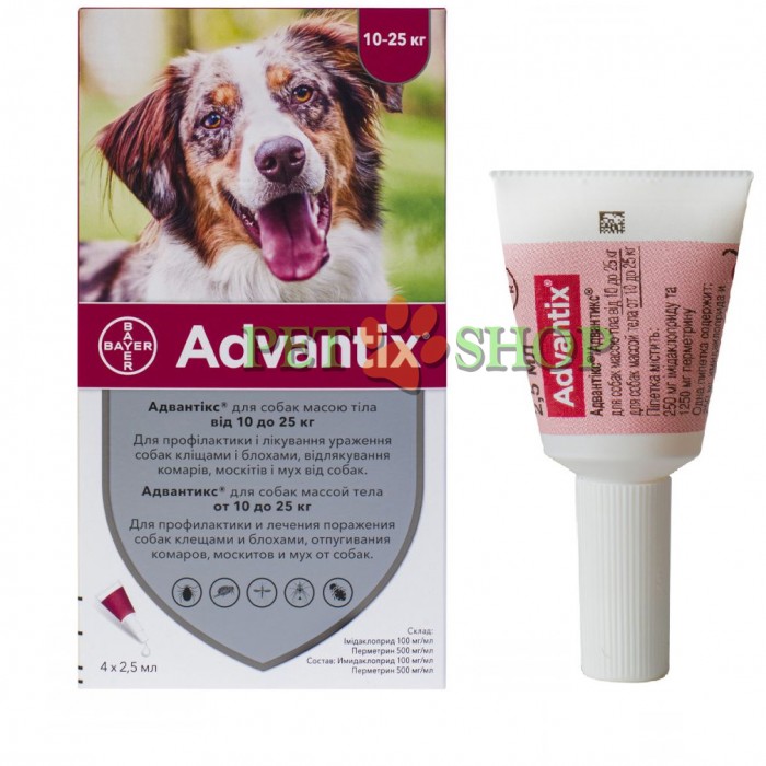<p><strong>Bayer Advantix для собак от 10 кг до 25 кг от блох, клещей и др., 1 пипетка*2,5 мл</strong></p>