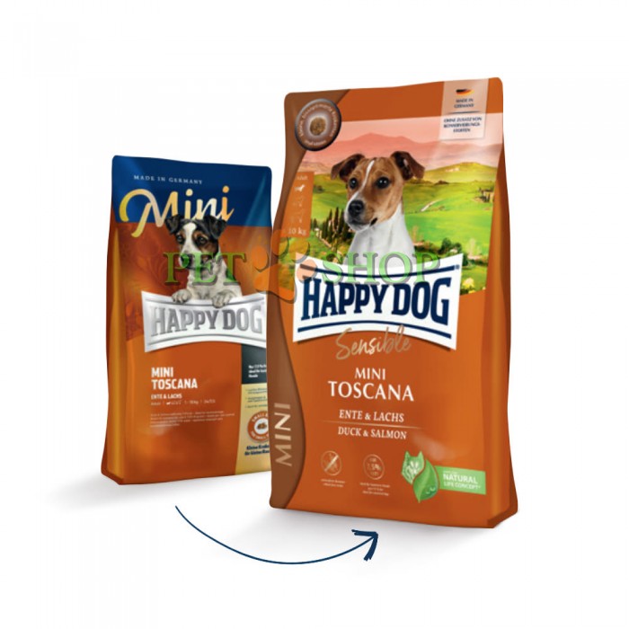 <p><strong>Happy Dog Supreme Mini Toscana 4 kg pentru rasele mici cu rață și somon</strong></p>