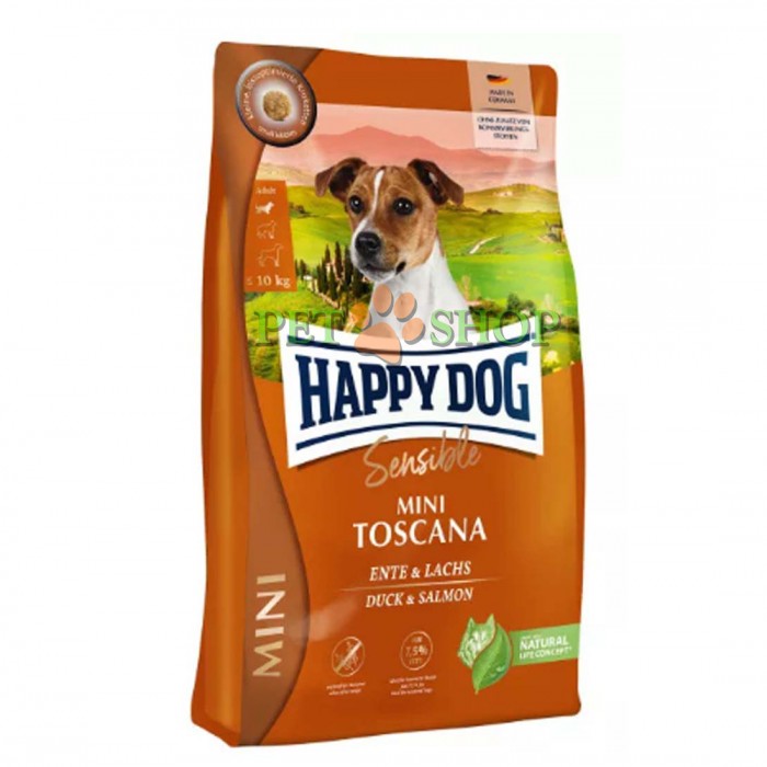 <p><strong>Happy Dog Supreme Mini Toscana 4 кг для мелких пород с уткой и лососем</strong></p>