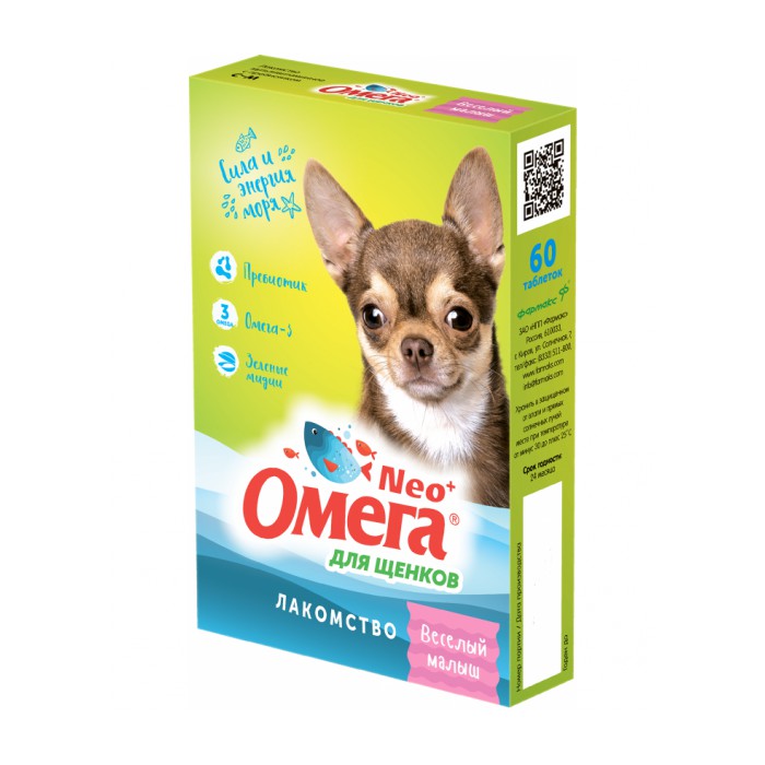 <p><strong>Омега Neo+ &mdash;&nbsp;вкусное и полезное лакомство для поощрения, баловства, дрессировки и поддержания здоровья щенков в период активного роста.</strong></p>

<p><strong>В упаковке 60&nbsp;таблеток.</strong></p>