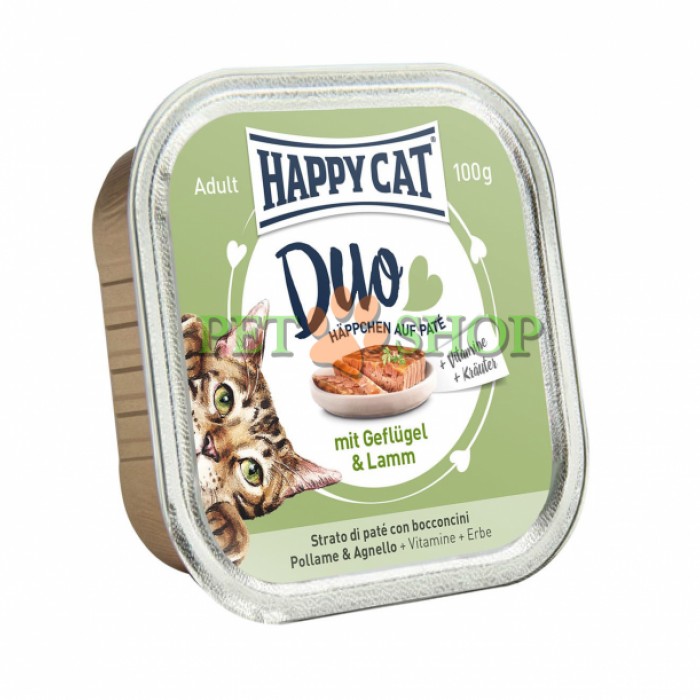 <p><strong>Happy Cat Duo&nbsp;Влажный корм для кошек в двойной форме: мусс (паштет) и кусочки мяса курицы и ягненка в соусе, 100 гр</strong></p>