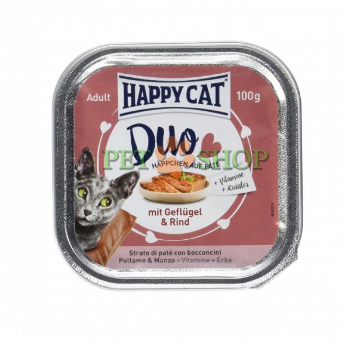 <p><strong>Happy Cat Duo&nbsp;Влажный корм для кошек в двойной форме: мусс (паштет) и кусочки мяса курицы и говядины в соусе, 100 гр</strong></p>