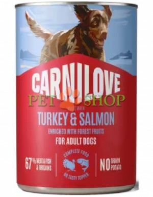 <p><strong>Carnilove Adult Dog Turkey, Salmon - </strong>мясной консервированный паштет с индейкой и лососем. Для взрослых собак всех пород.&nbsp;<strong>Свежее мясо и субпродукты -&nbsp;Без зерна и картофеля -&nbsp;Без искусственных консервантов, ароматизаторов и красителей.</strong></p>