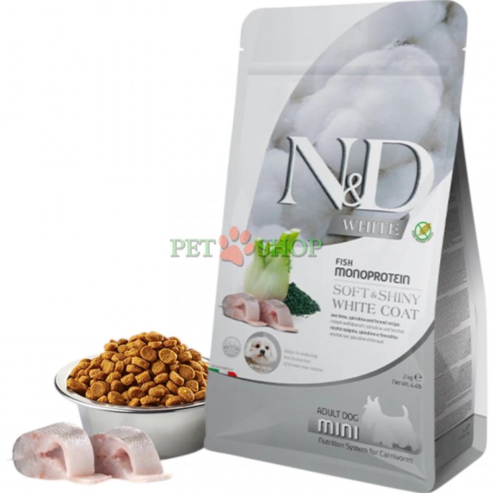 <p><strong>Farmina ND White Dog Adult Mini Fish Monoprotein&nbsp;Sea bass, Spirulina and Fennel - </strong>biban de mare, spirulină și fenicul. Hrană completă pentru c&acirc;ini adulți de rasa mica cu blană albă.</p>
