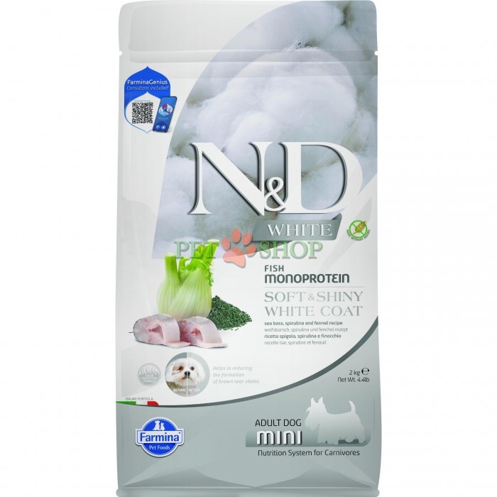 <p><strong>Farmina ND White Dog Adult Mini Fish Monoprotein&nbsp;Sea bass, Spirulina and Fennel - </strong>biban de mare, spirulină și fenicul. Hrană completă pentru c&acirc;ini adulți de rasa mica cu blană albă.</p>