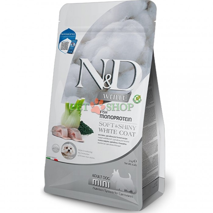 <p><strong>Farmina ND White Dog Adult Mini Fish Monoprotein&nbsp;Sea bass, Spirulina and Fennel - </strong>biban de mare, spirulină și fenicul. Hrană completă pentru c&acirc;ini adulți de rasa mica cu blană albă.</p>