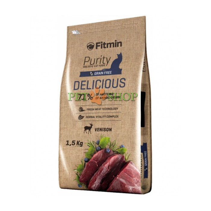 <p><strong>Fitmin Purity Delicious&nbsp;-&nbsp;este hrană completă pentru pisici adulte. Avantaje:conținut ridicat de v&acirc;nat -carne ușor digerabilă, nutritivă, conținut scăzut de grăsimi.</strong></p>