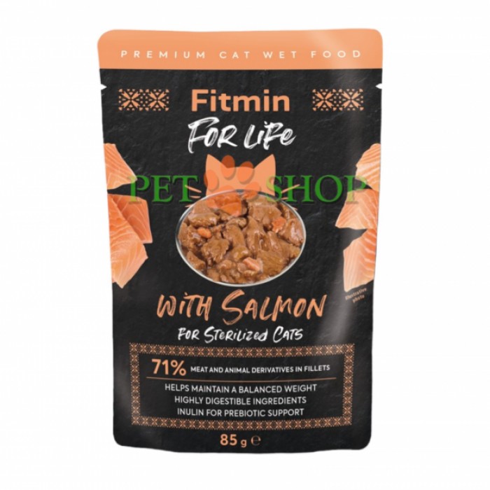 <p><strong>Fitmin For Life Sterilized&nbsp;fillets&nbsp;salmon&nbsp;- Hrana umeda completă pentru pisici sterilizate - bucăți de solmon &icirc;n sos.</strong></p>