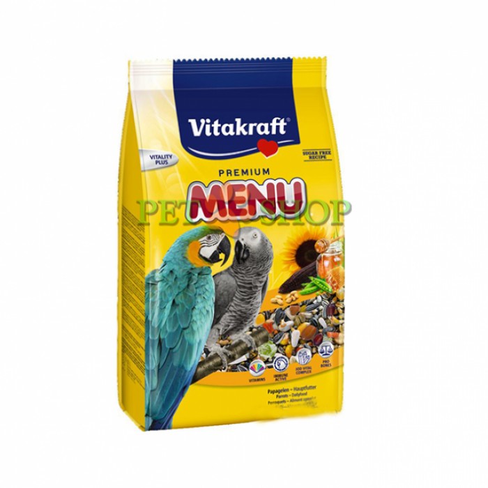 <p><strong>Повседневный корм&nbsp;Vitakraft Ара Меню&nbsp;для крупных попугаев (жако, ара).&nbsp;Обогащен витаминами А, D3, С, В2. Содержит мед, глюкозу, минеральные вещества, растительные масла и жиры.</strong></p>