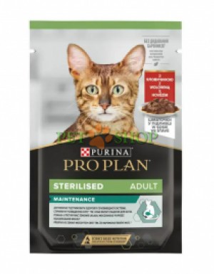 <p><strong>Pro Plan Nutrisavour Sterilised pentru pisici sterilizate, cu carne de vită în sos 85 gr</strong></p>