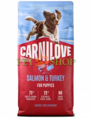 <p><strong>Carnilove Puppies Salmon, Turkey</strong> - полнорационный корм <strong>ACTIVE</strong> с лососем и индейкой для щенков <strong>(1&ndash;12 месяцев)</strong> всех пород.&nbsp;<strong>Свежее мясо -&nbsp;Без куриного мяса и жира -</strong>&nbsp;<strong>Без злаков.&nbsp;</strong></p>