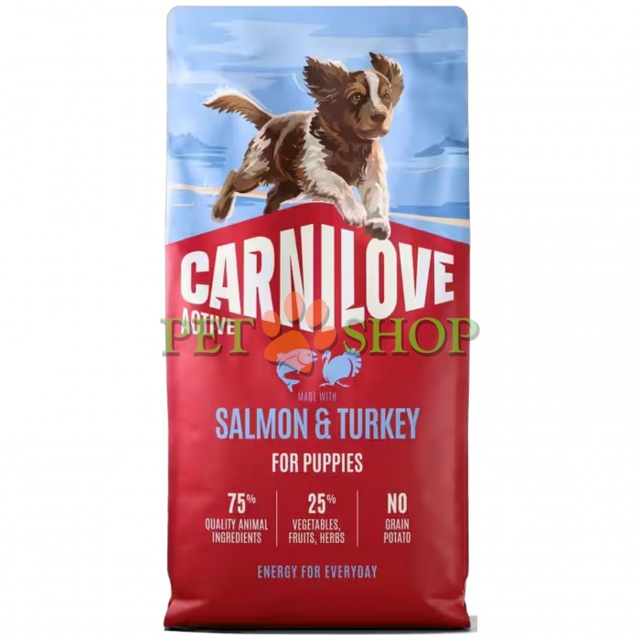 <p><strong>Carnilove Puppies Salmon, Turkey</strong> - hrană completă <strong>ACTIVE</strong> cu somon și curcan pentru căței (1&ndash;12 luni) de toate rasele.&nbsp;<strong>Carne proaspătă &ndash; Fără carne și grăsime de pui &ndash; Fără cereale.</strong></p>