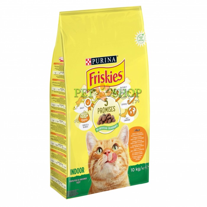<p><strong>Упаковка сухого корма для домашних кошек Purina Friskies Indoor с курицей, индейкой и овощами 10&nbsp;кг.</strong></p>