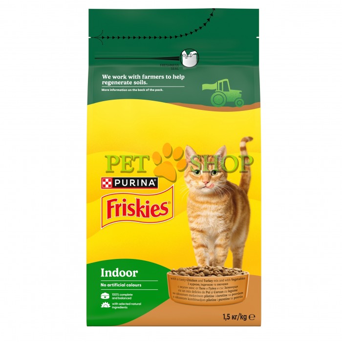 <p><strong>Упаковка сухого корма для домашних кошек Purina Friskies Indoor с курицей, индейкой и овощами 1,5 кг.</strong></p>