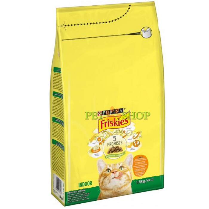 <p><strong>Упаковка сухого корма для домашних кошек Purina Friskies Indoor с курицей, индейкой и овощами 1,5 кг.</strong></p>