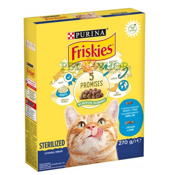 <p><strong>Cухой корм Friskies для взрослых стерилизованных кошек с лососем и&nbsp;овощами&nbsp;270 гр</strong></p>