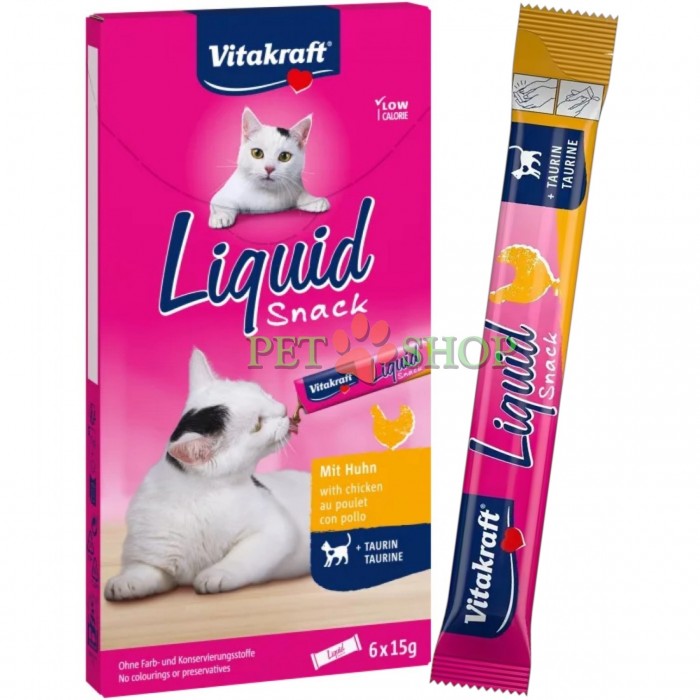 <p><strong>Vitakraft Cat Liquid Snack с курицей и таурином</strong> - кремовое лакомство не содержит искусственных ароматизаторов, консервантов и красителей.</p>