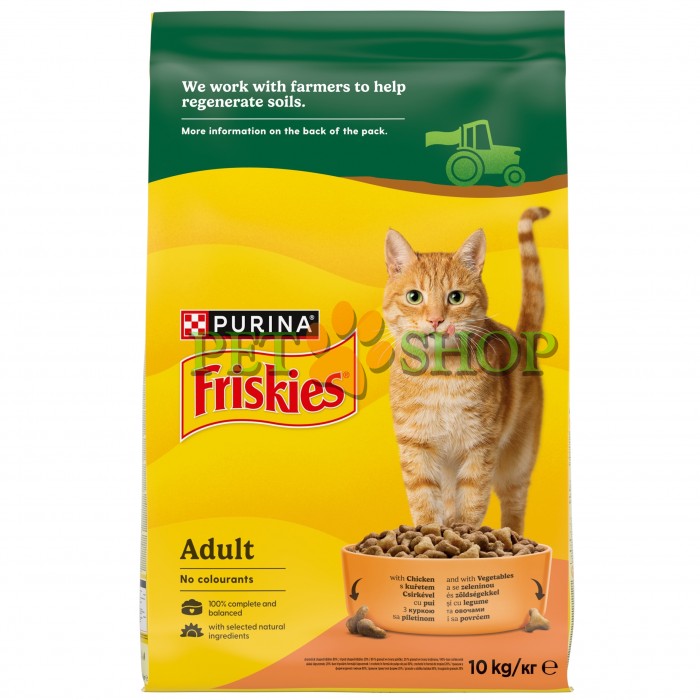 <p><strong>Hrană uscată Friskies pentru&nbsp;pisici adulte pui, legume 10 kg</strong></p>