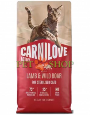 <p><strong>Carnilove LAMB,&nbsp;WILD BOAR Sterilised Cats - Карнилав беззерновой корм для стерилизованных кошек и котов (ягненок/дикий кабан).&nbsp;Свежее мясо и субпродукты&nbsp;-&nbsp;Без куриного мяса и жира&nbsp;-&nbsp;Беззерновой.</strong></p>