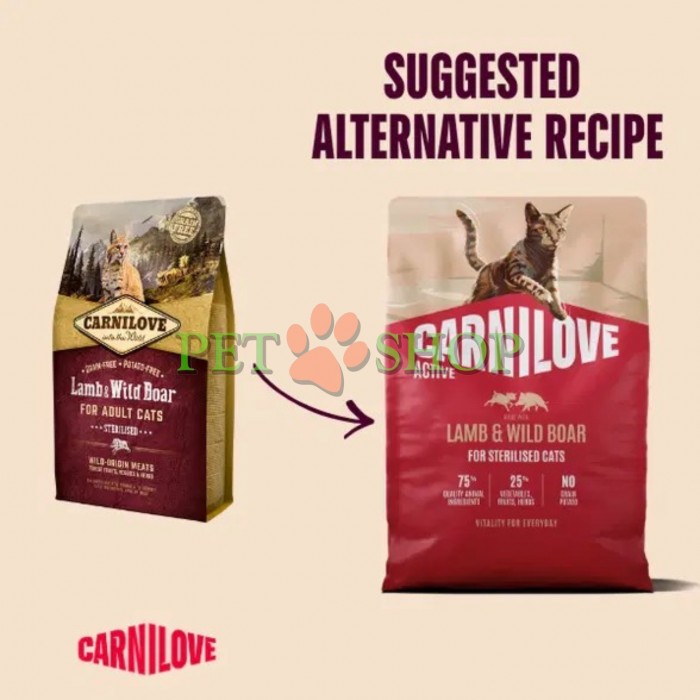 <p><strong>Carnilove LAMB,&nbsp;WILD BOAR Sterilised Cats - Карнилав беззерновой корм для стерилизованных кошек и котов (ягненок/дикий кабан).&nbsp;Свежее мясо и субпродукты&nbsp;-&nbsp;Без куриного мяса и жира&nbsp;-&nbsp;Беззерновой.</strong></p>