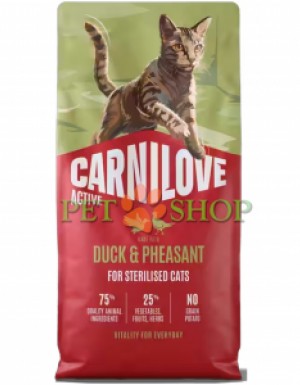 <p><strong>Carnilove Sterilised Duck, Pheasant</strong> - hrană completă cu rață și fazan. Pentru pisici adulte sterilizate, de toate rasele. <strong>Carne proaspătă și organe - Fără carne și grăsime de pui - Fără cereale.</strong></p>