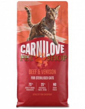 <p><strong>Hrană completă ACTIVE cu carne de vită și carne de cerb pentru pisici adulte sterilizate, de toate rasele. Carne proaspătă și organe &ndash; Fără carne și grăsime de pui &ndash; Fără cereale.</strong></p>