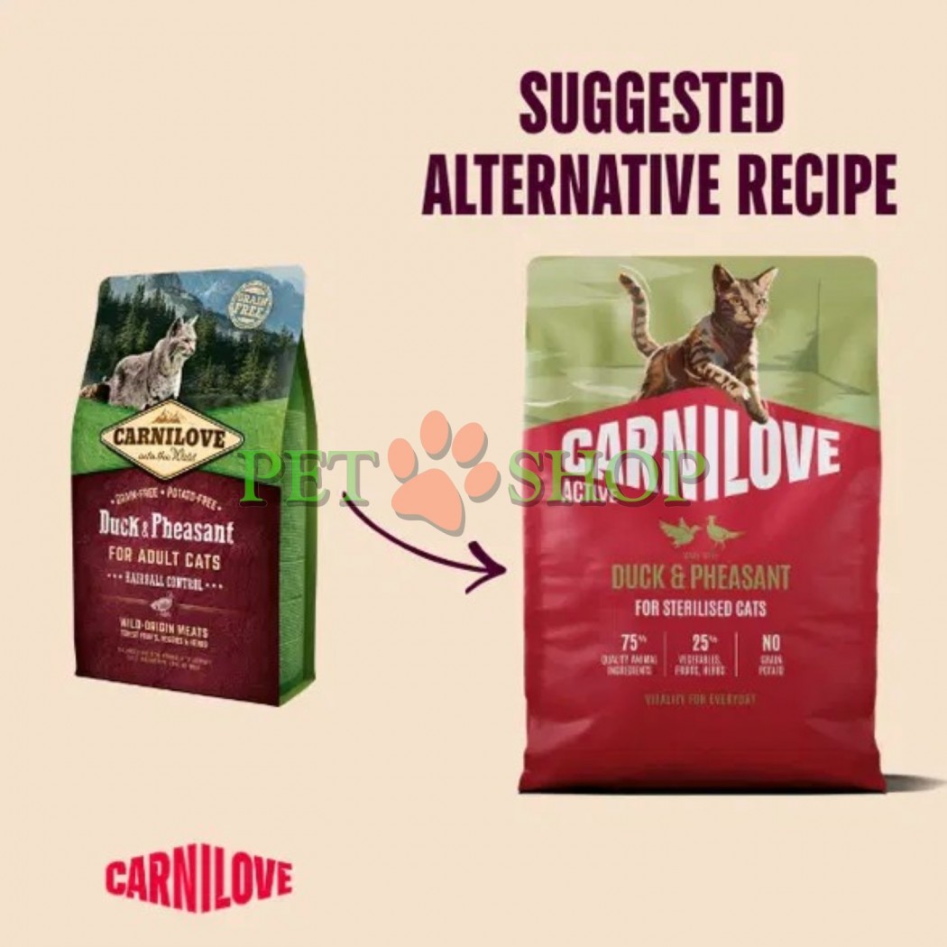 <p><strong>Carnilove Sterilised Duck,&nbsp;Pheasant</strong>&nbsp;-&nbsp;полнорационный корм с уткой и фазаном. Для стерилизованных взрослых кошек всех пород.<strong>&nbsp;Свежее мясо и субпродукты&nbsp;-&nbsp;Без куриного мяса и жира&nbsp;-&nbsp;Беззерновой.</strong></p>