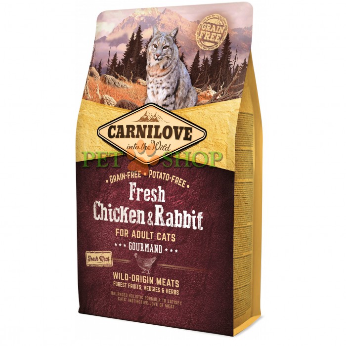<p><strong>Carnilove (Карнилав) FRESH CHICKEN & RABBIT Adult Cats Gourmand&nbsp;- беззерновой корм для кошек (курица/кролик).&nbsp;80% МЯСО ДИКОГО ПРОИСХОЖДЕНИЯ.</strong></p>