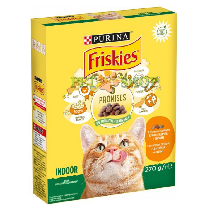 <p><strong>Упаковка сухого корма для домашних кошек Purina Friskies Indoor с курицей, индейкой и овощами 270 грамм</strong></p>