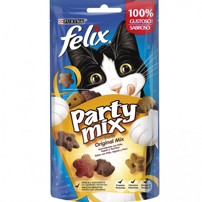 <p><strong>В каждой пачке &ndash; 3 зажигательных вкуса ароматных гранул с аппетитной текстурой! Вкусное Лакомство Felix Party Mix содержит белок, витамины и Омега 6 жирные кислоты.</strong></p>