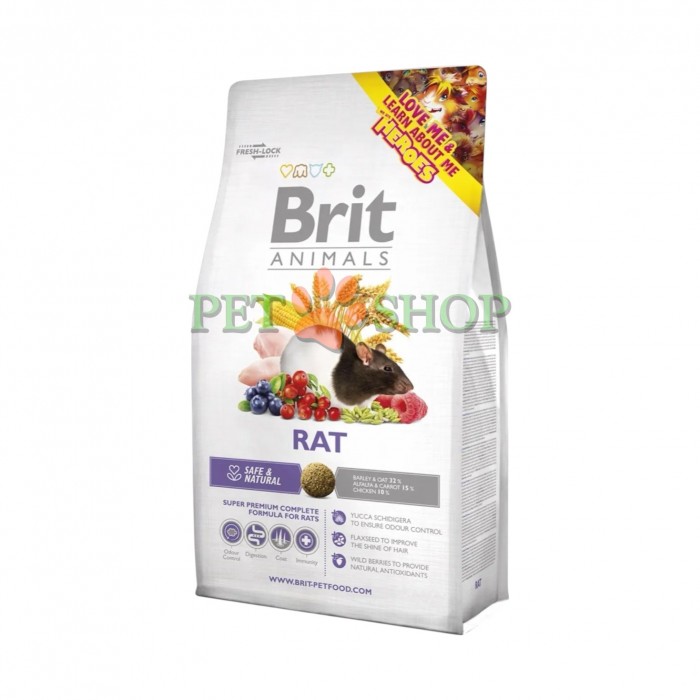<p>Hrană&nbsp;<strong>Brit Rat</strong> completă și echilibrată de <strong>calitate super-premium</strong>, destinată <strong>șobolanilor adulți</strong>. Formula este adaptată nevoilor nutriționale specifice ale rozătoarelor, oferind nutrienți esențiali, vitamine, minerale și aminoacizi pentru susținerea sănătății și energiei zilnice.</p>
