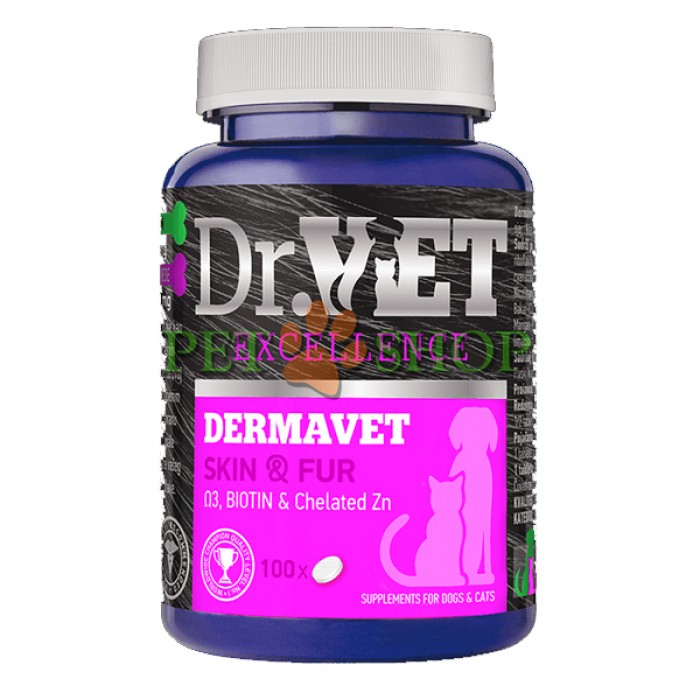 <p><strong>Dr. Vet DermaVet - Complexul de vitamine și minerale pentru c&acirc;ini și pisici&nbsp;cu acizi grași omega-3 pentru o blană strălucitoare și o piele sănătoasă.</strong></p>