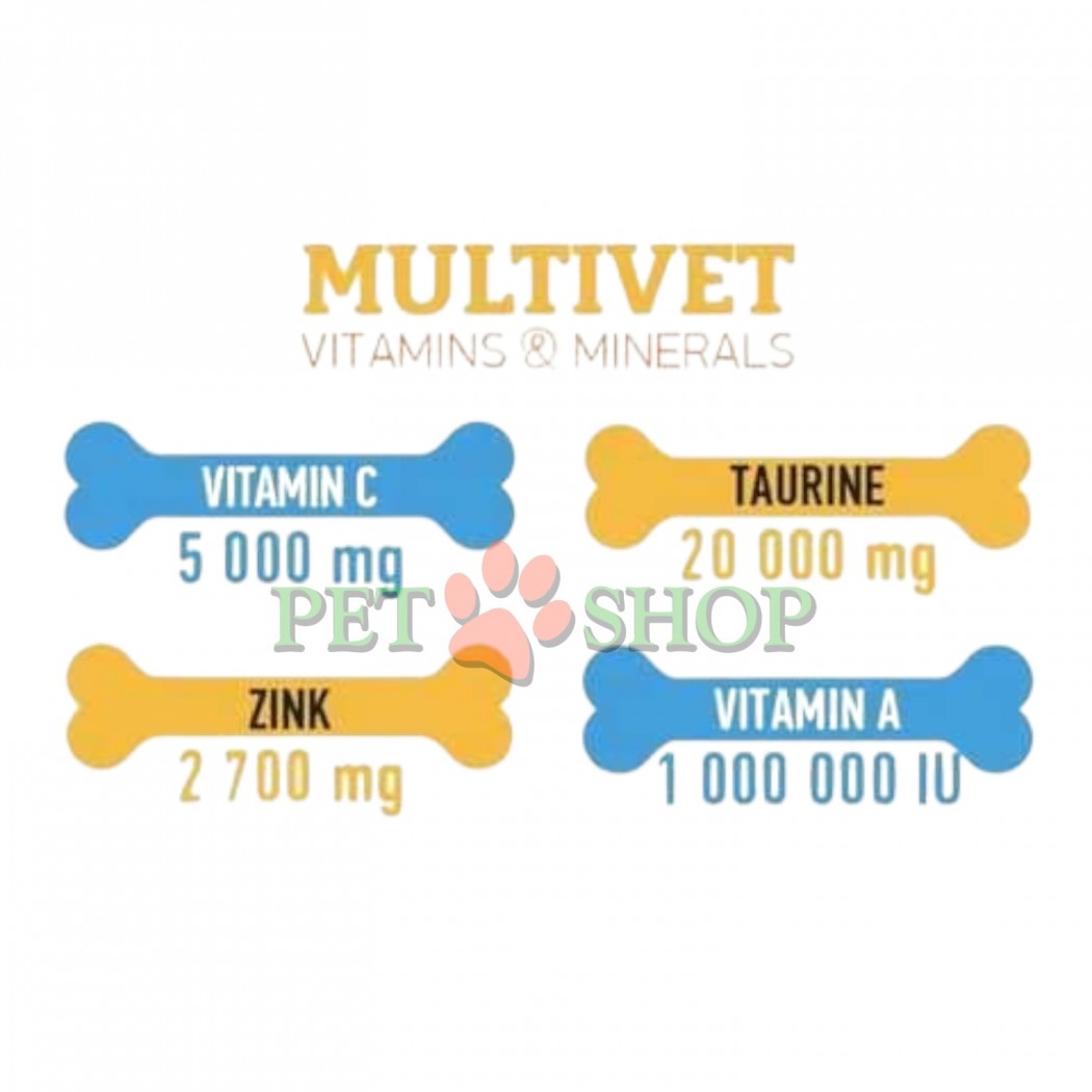 <p><strong>Dr. Vet Multivet </strong>&mdash; un supliment alimentar complex care include vitamine, minerale, aminoacizi (taurină) și acizi grași omega-3 (DHA din alge).</p>