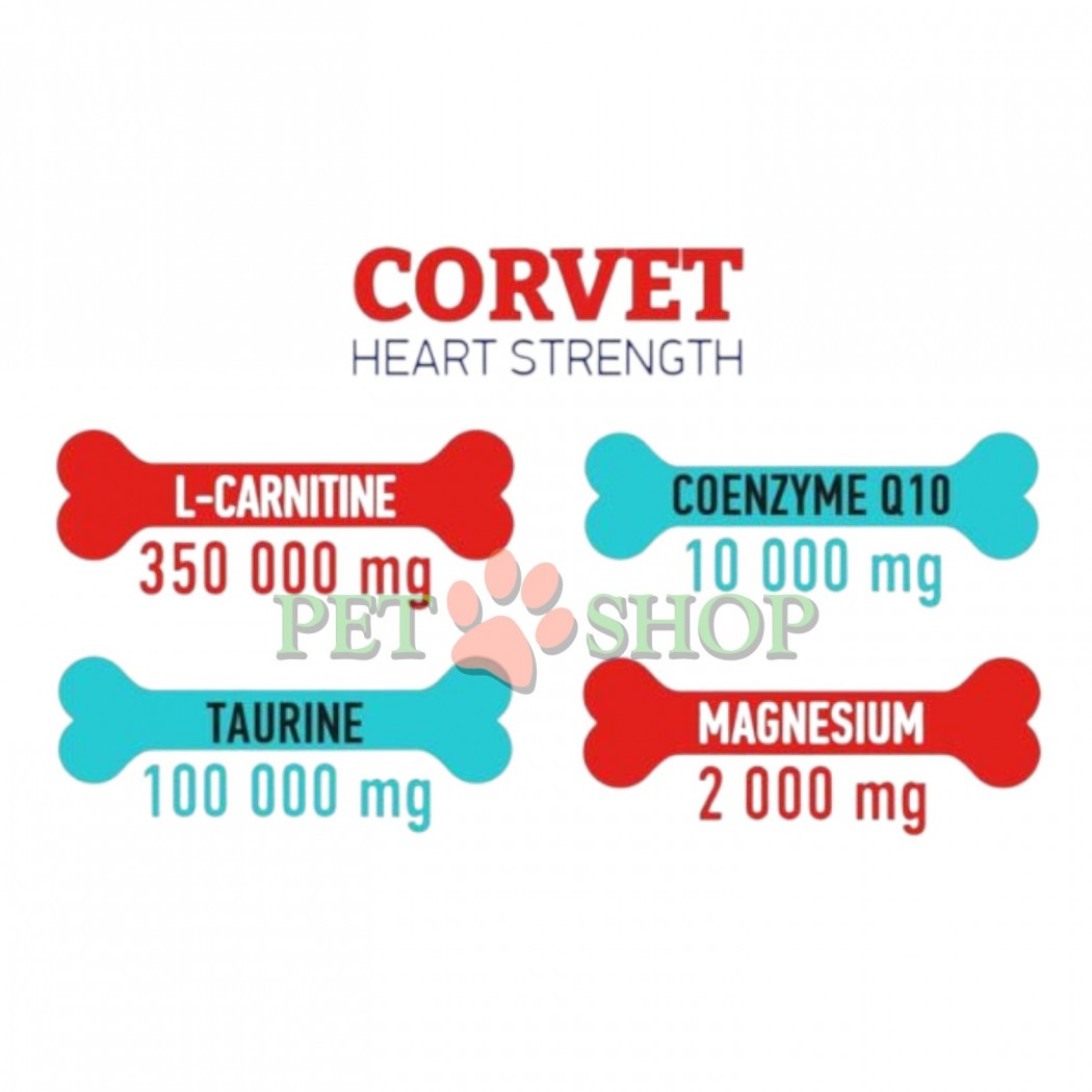 <p>Dr. Vet Corvet - диетический дополнительный корм для собак и кошек для питательной поддержки функции сердца при хронической сердечной недостаточности &ndash; с L-карнитином, коэнзимом Q и омега-3 жирными кислотами.</p>
