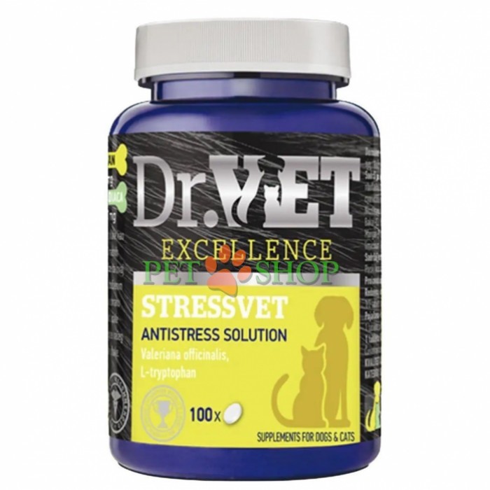 <p>Dr.Vet Stressvet - hrană complementară pentru c&acirc;ini și pisici &ndash; cu valeriană, L-triptofan și melisă &ndash; pentru sprijin nutrițional al c&acirc;inilor și pisicilor care au nevoie de control al stresului cauzat de mediul &icirc;nconjurător.</p>